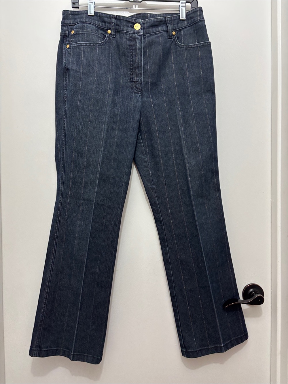 Escada Dark Blue Gold Pinstripe Wide Leg Jeans with Gold Hardware Sz 10